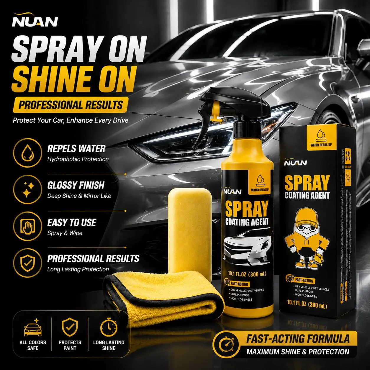 Spray coating agent；NUAN nano car coating sprayNUAN nano car coating spray Nano Ceramic Car Coating Spray Kit, Spray-On Car Wax Polish with Microfiber Towel, Easy DIY Detailing Gift for Car Lovers