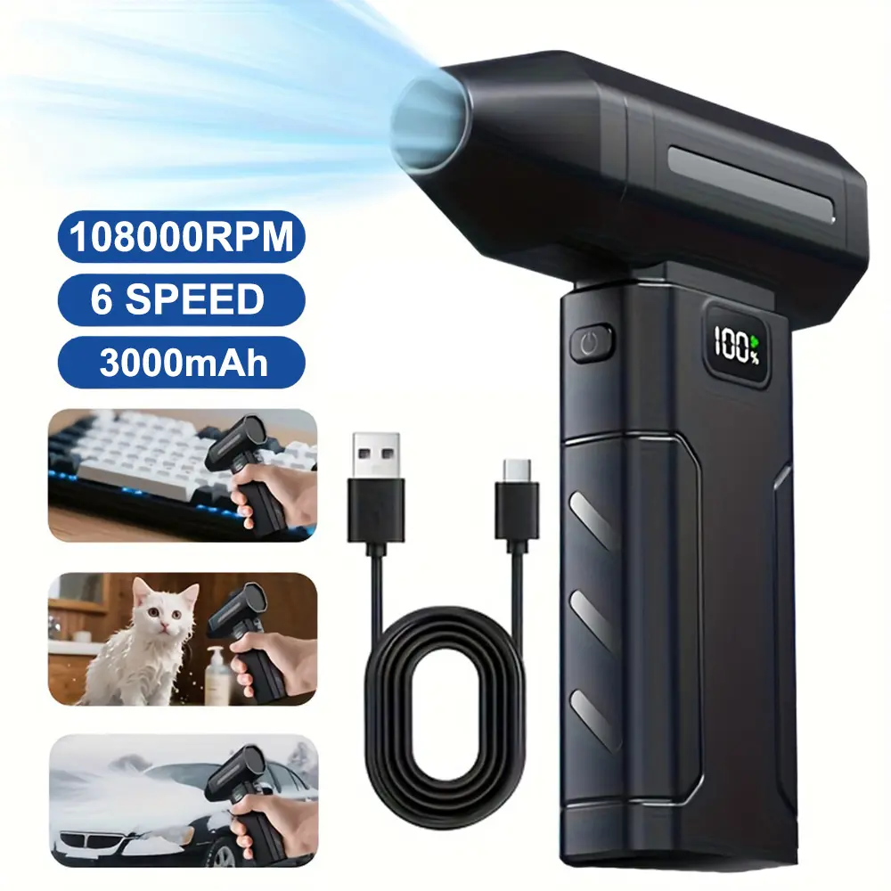 Electric Air Duster & Personal Cooling Fan, 3000 mAh Rechargeable, High-Speed Cordless Dust Blower, Portable Handheld for Car Interiors, Cabinets, Closets, Outdoor Use, USB Rechargeable