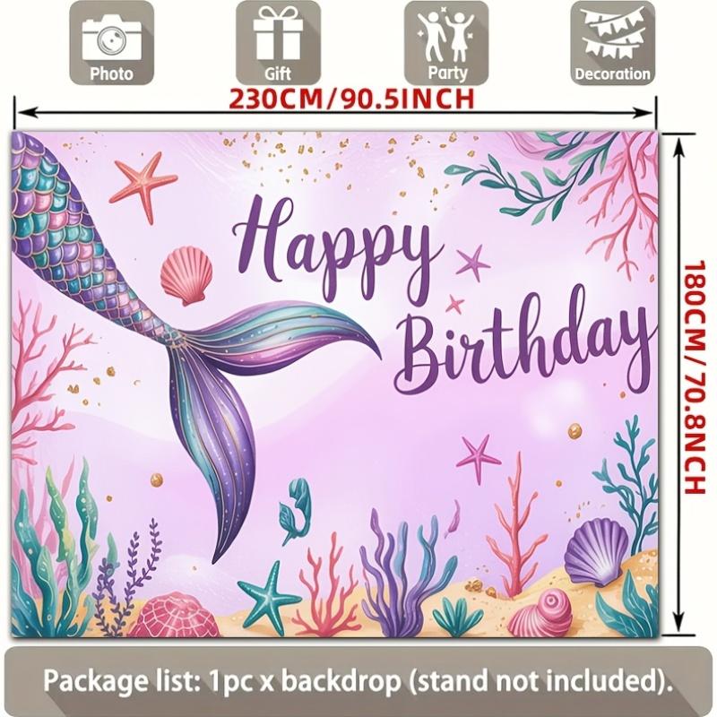 2D Flat - 2D Flat - 1pc 2D Flat Happy Birthday Banner | Iridescent Mermaid Tail, Colorful Starfish, Seashells, Pink Underwater Background Polyester Backdrop For Party Decor, Farm, Garden, Home, Room, Club |