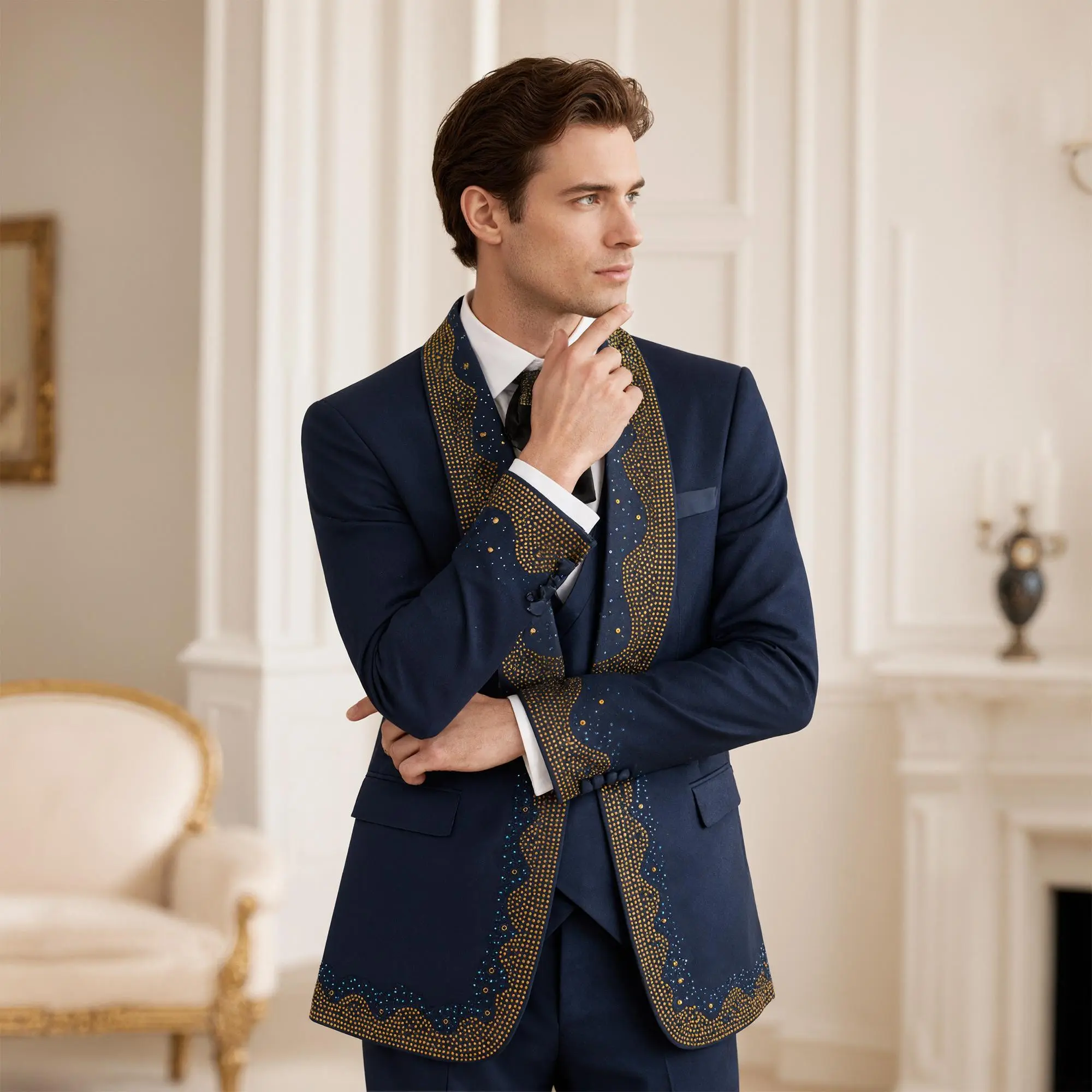 Men's 3-Piece Tuxedo Suit, Slim Fit Smooth Plain Blazer with Wavy Rhinestone Embellished Hem, Shawl Lapel, Vest, and Trousers, Formal Wear, Evening, Rhinestones, Free Gift, V-Neck, Menswear, Matching, Fitted, Wedding, Fabric, Button