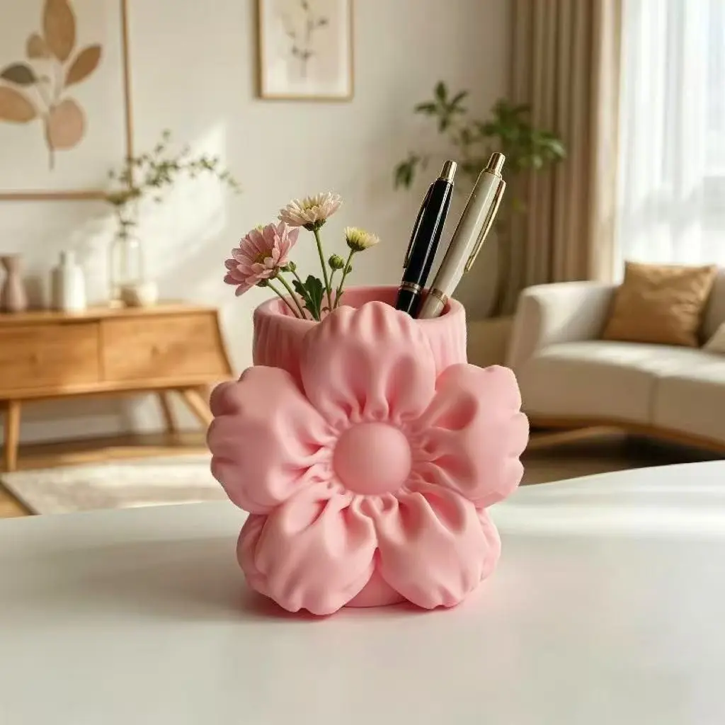 Silk Puff Flower Storage Bucket Multifunctional Makeup Brush Organizer, Lightweight Portable Pen Holder Decorative Cute Desktop Accessories Desktop Storage Container, Recess Mountable Desk Accessory for Home Office Stationery Cosmetic Display