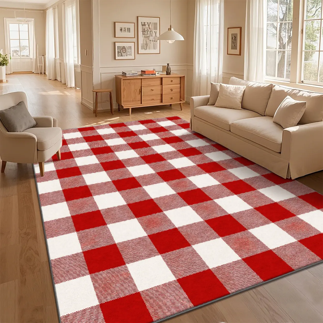 Local Delivery Multi Sizes Polyester Classic Red White Gingham Plaid Style For Living Room Bedroom Nursery Playroom Washable Non Slip Boho Farmhouse Runner Rug