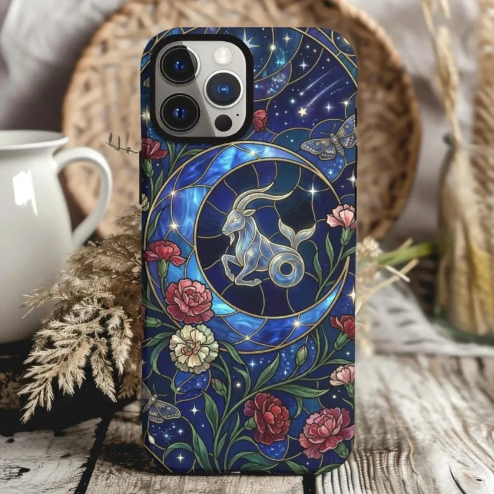 Capricorn Zodiac - Vintage Fantasy Pattern Premium 2-in-1 Glossy Film Phone Case Compatible with IPhone 17 Air E 16 15 14 13 12 11 Pro Max Plus Samsung Galaxy S24 Plus S25 S22+ Ultra FE Edge Shockproof Anti-Scratch TPU Protective Cover