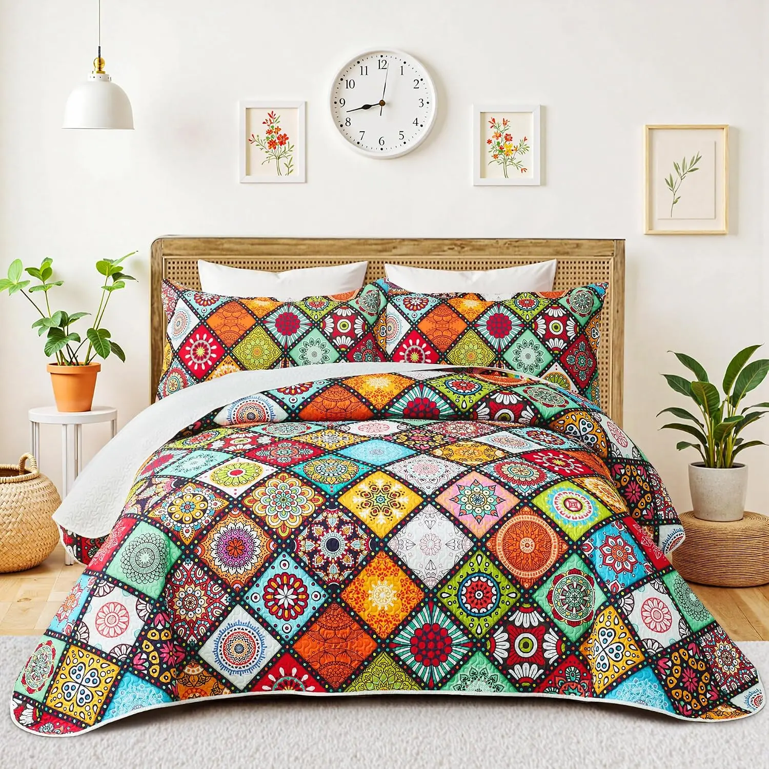 3 count Boho Colorful Quilt Set  Size Bohemian Reversible Bedding Set Microfiber Lightweight Bedspread Coverlet with 2 Sham Patchwork Mandala Print Bed Covers for  , 106''x96''
