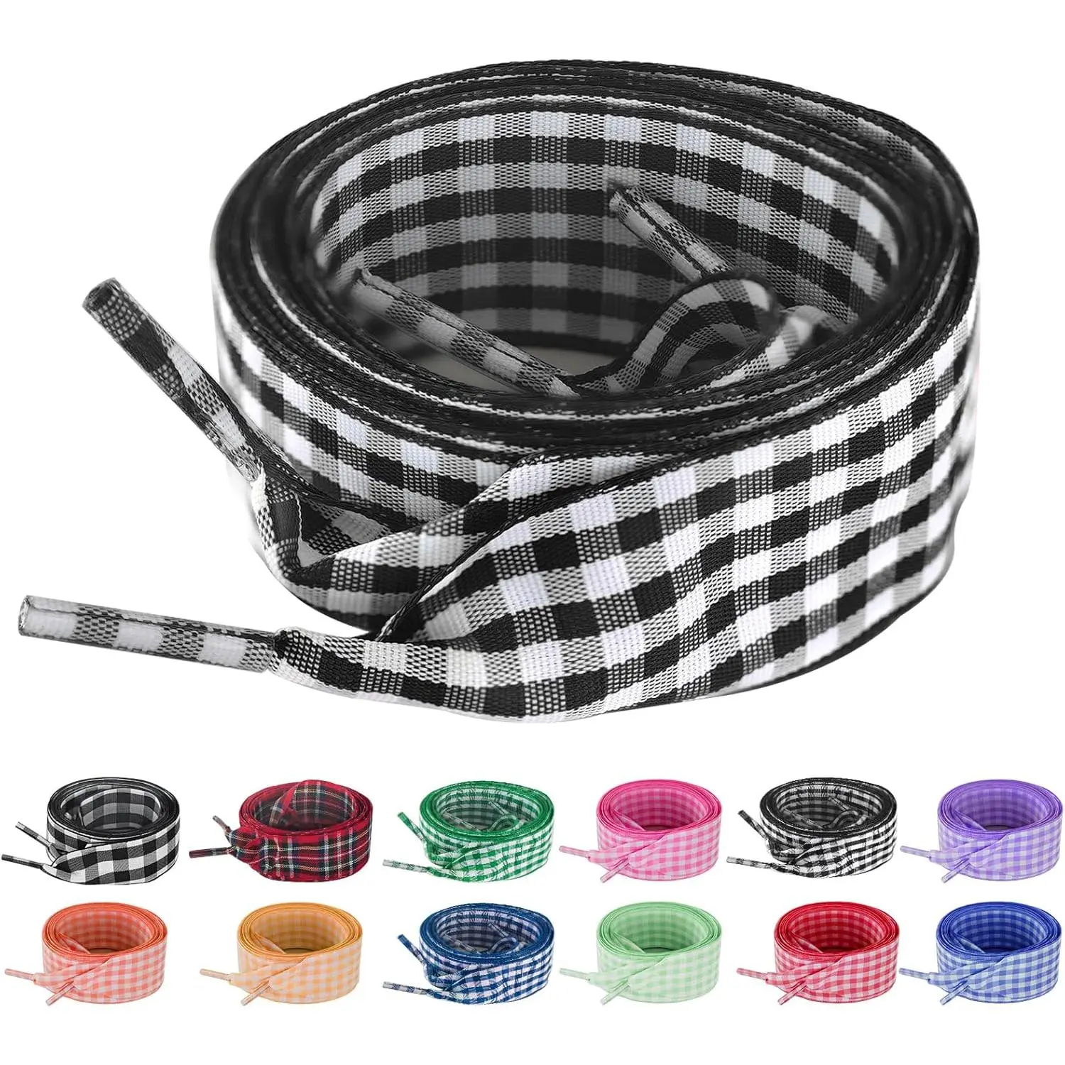 UamGlsob 25MM Cute Checkered Fancy Satin Ribbon Shoelaces - Lace-Up Replacement Strings for Women's Sneakers, Fashion Footwear Accessories