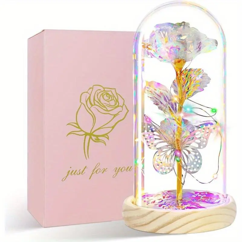 1pc Butterfly Preserved Rose Flower Gifts for Mom Grandma, Birthday Gift for Women on Christmas, Flower Rose Light Up Rose in A Glass Dome, Xmas Gifts for Her, Anniversary, Valentines, Mothers Day, Wedding Gifts