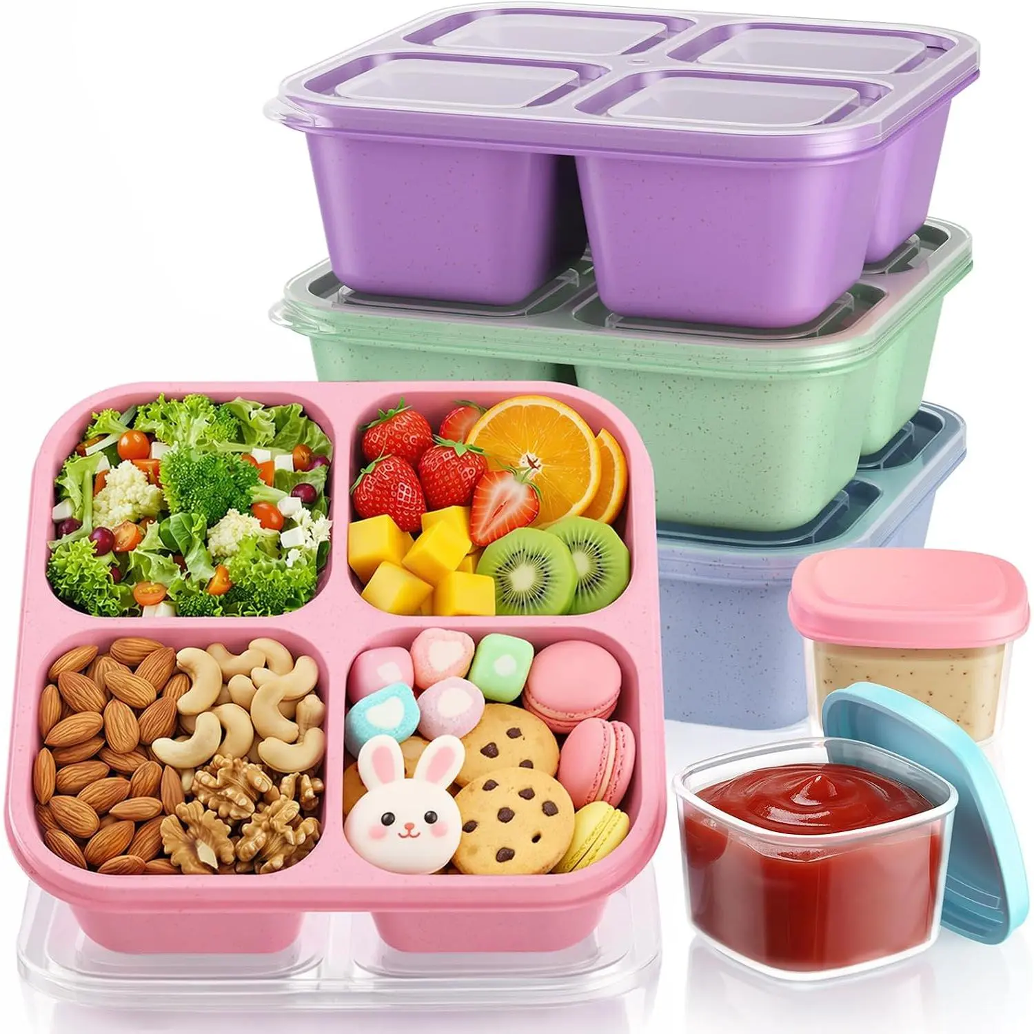 4 Pack Divided Snack Containers,  4 Compartment Snack Containers Bento Box with 2 count Sauce Containers,  Meal Prep Lunch Containers for  & Adults (School, Work, Travel)