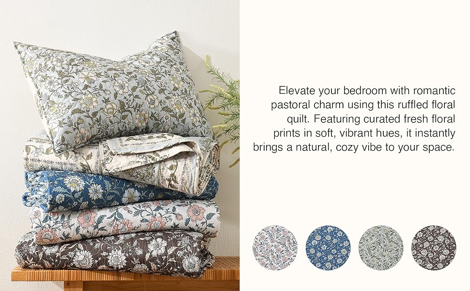 Floral Set Queen Size, Farmhouse Cottage Bedding Set, Blue Vintage Paisley Coverlets, Soft Microfiber Lightweight Reversible Bedspreads for All Season, 3 Pieces