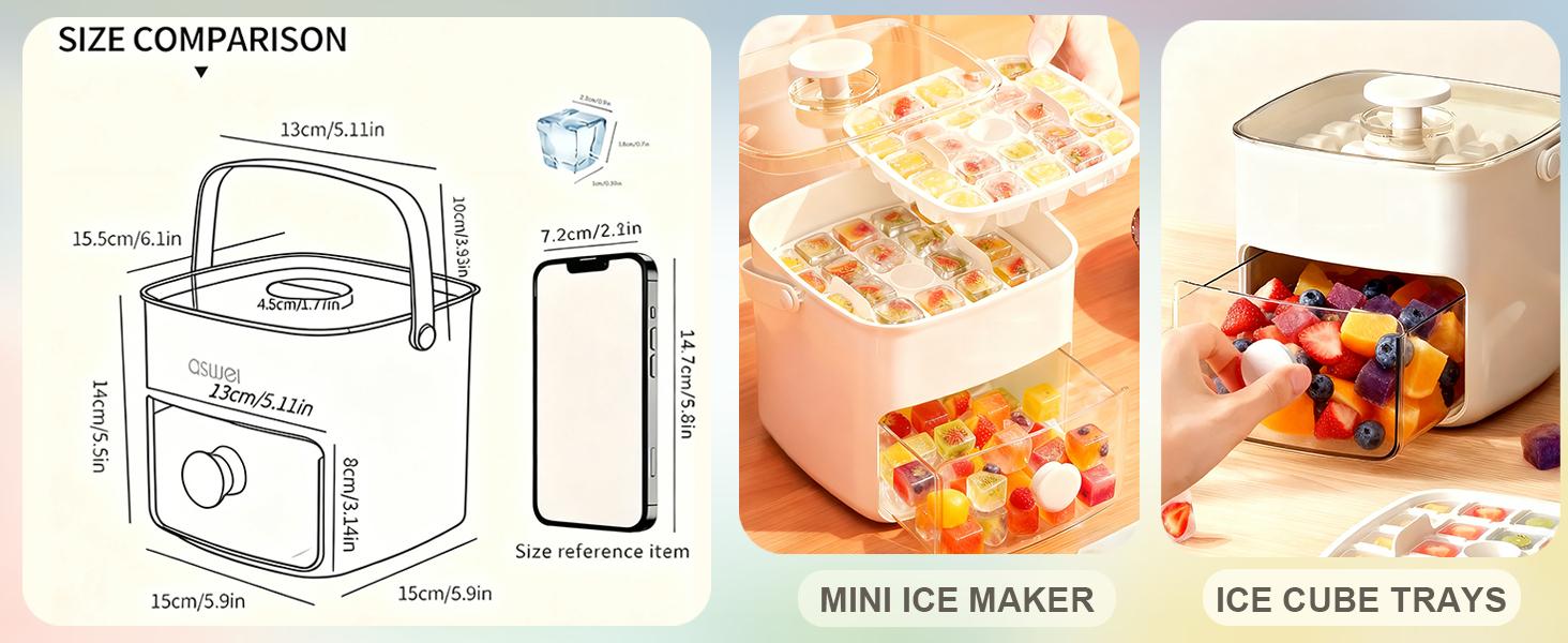 Plastic Ice Cube Trays with Bin and Scoop for Freezer, 2 Pack Easy-Release Sturdy Ice Tray with Lid, Stackable Ice Maker Set for Whiskey, Cocktails, Iced Coffee, BPA Free, White
