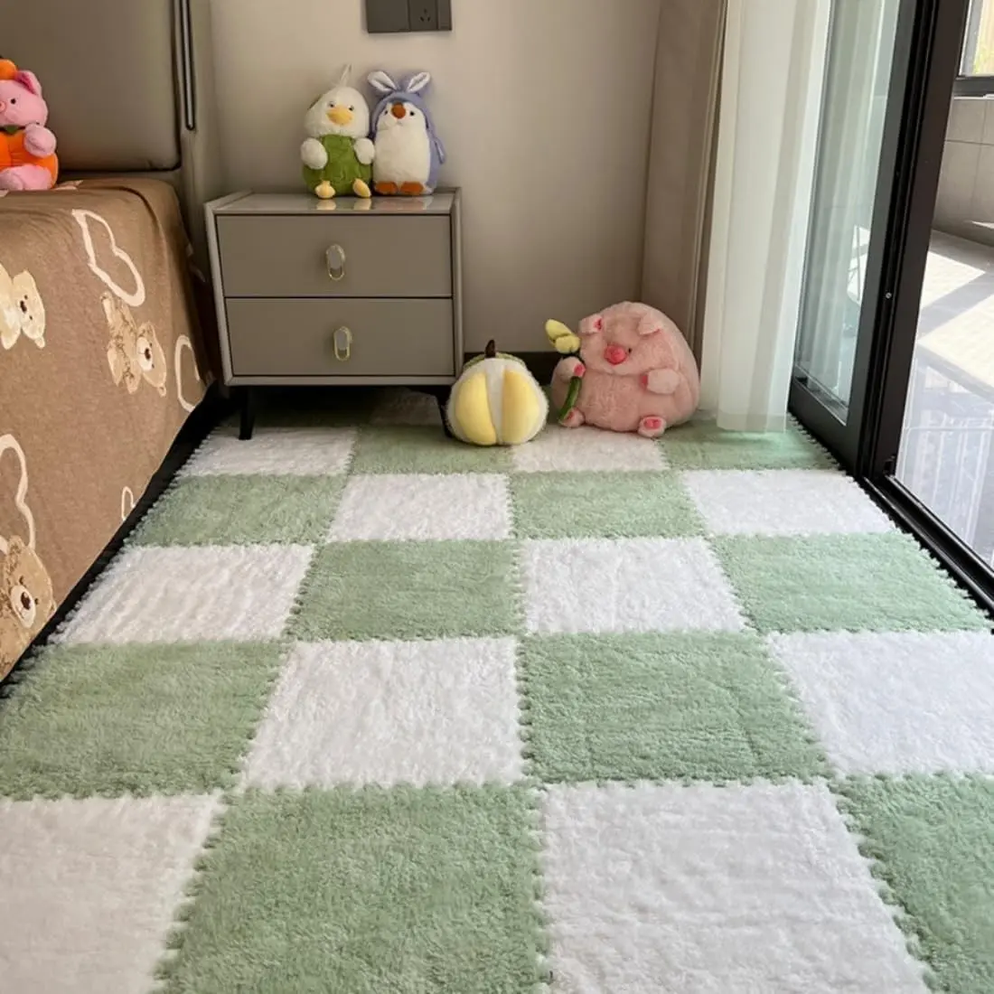 12Pcs 12"x12" Interlocking Plush Foam Carpet Tiles with Border, Thick Padded Fluffy Flooring Squares, Play Mat for Playroom Home Decor (White+Green)