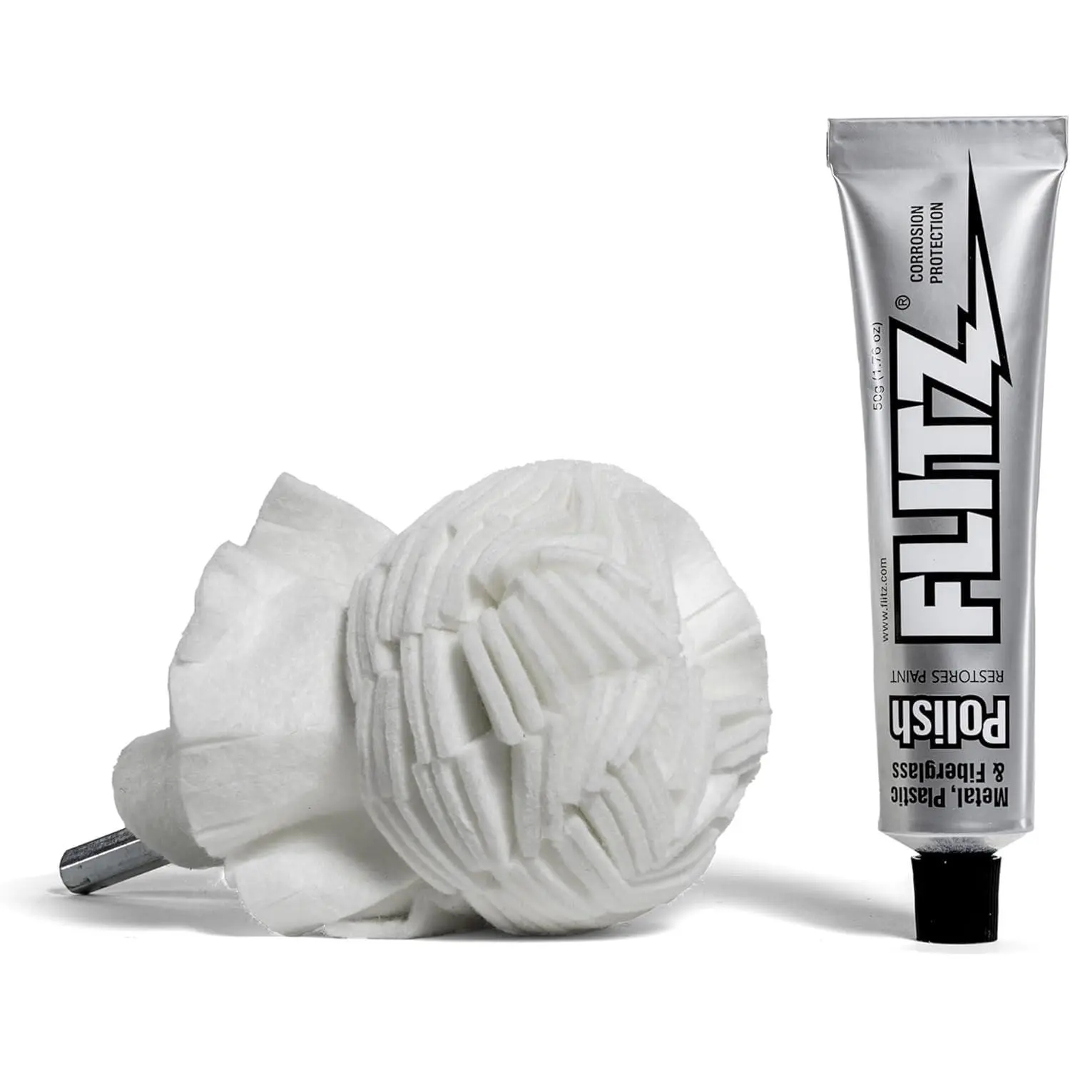 Buff Ball w/ 1.76oz Metal Polish Paste - 3in Drill Buffer Polisher Attachment for Any 3/8in Drill - Self-Cooling, Washable Polishing Ball to Buff, Shine, & Protect  Metals, Plastics (1 Pack)