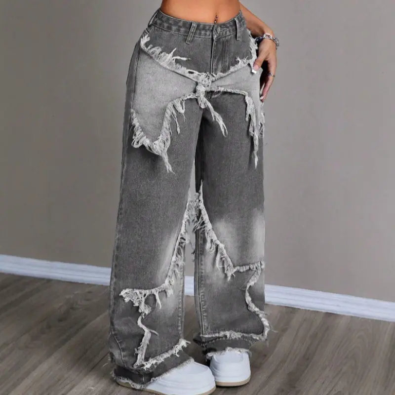 Women's vintage straight-leg jeans, washed with frayed edges, star patchwork, heavy-duty floor-length pants
