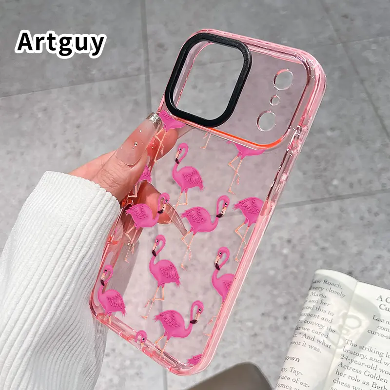Transparent Mobile Phone Case for iPhone 17 Pro Max 16 15 Plus Air 14 13 12 11 Pink Flamingo Pattern Pattern Rugged Durable Airbag Shockproof Smartphone Protection Cover