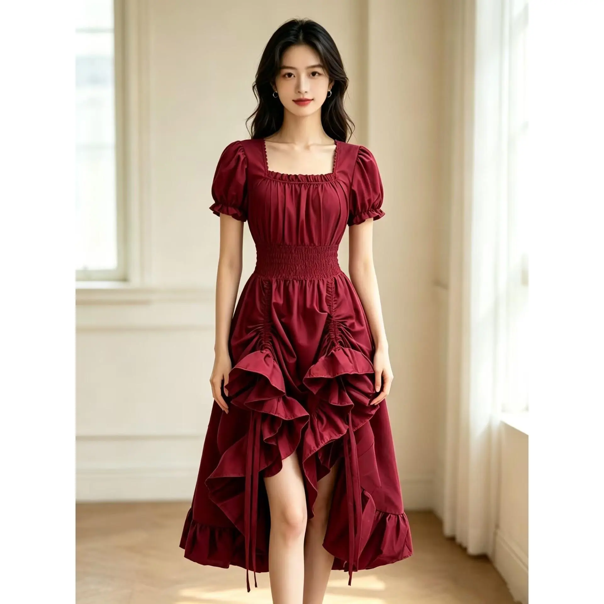 Vintage Renaissance Square Neck Short Sleeve Dress Victorian Pastoral Cosplay Dress