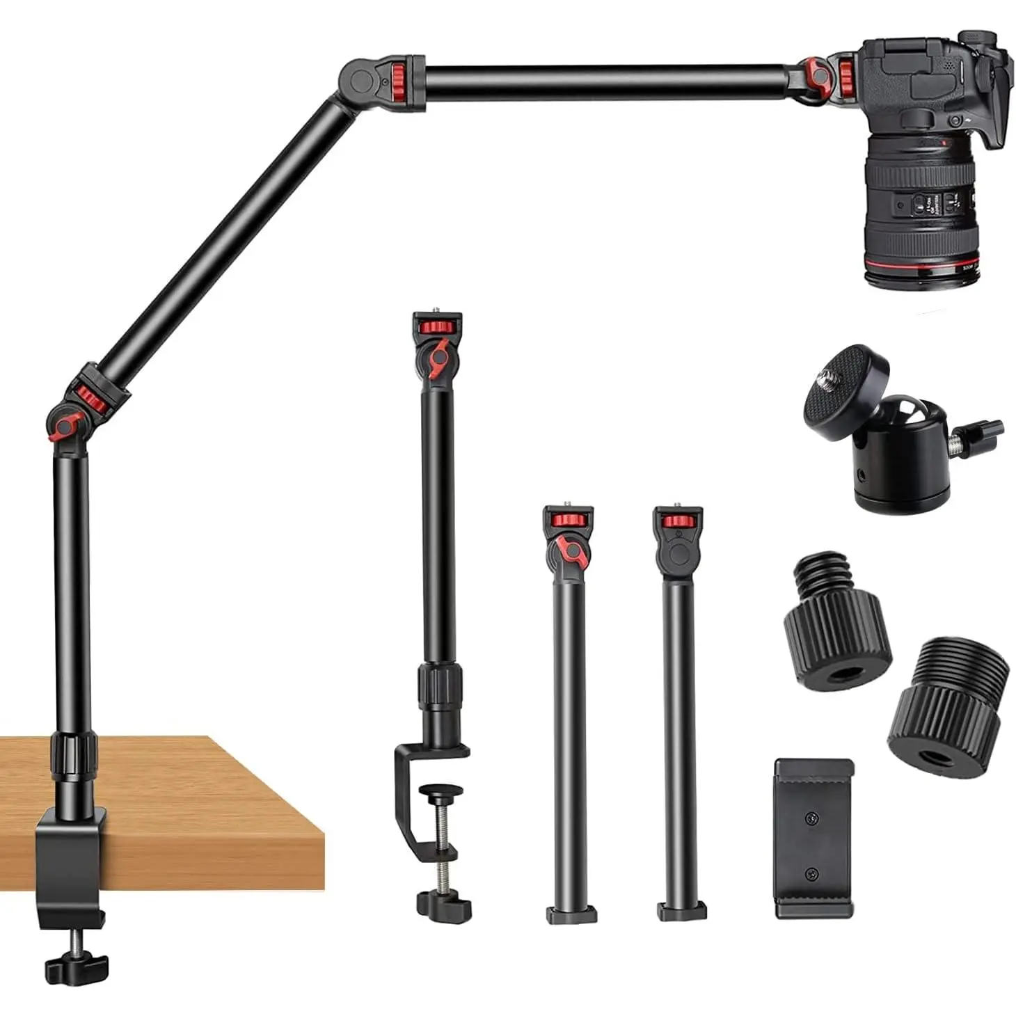 Overhead Camera Mount Desk Stand, 3-Section Flexible Detachable Articulating Arm with 1/4“ 3/8" 5/8" Screw&360° Ball , C-clamp Tabletop Mount for DSLR Camera/Webcam/Microphone/Lights