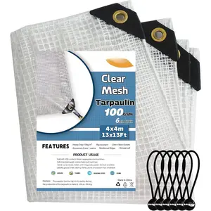 13 x 13Ft Heavy Duty  Tarps Reinforced Mesh Clear Tarp Cover Sheet & 6 count Bungee Balls