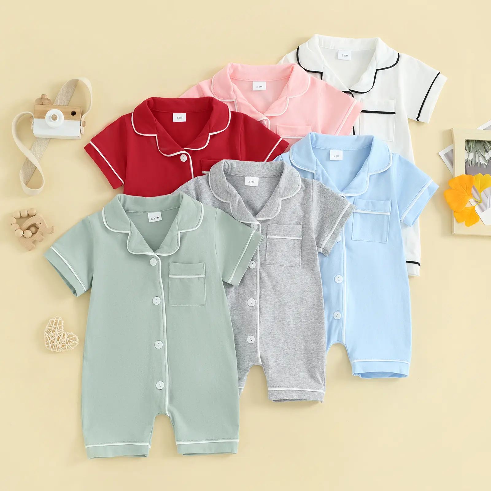 Infant Baby Boys Girls Pajamas Rompers Turn-Down Collar Short Sleeve Sleepwear Buttons Pocket Sleepers Bodysuits 0-24 Months