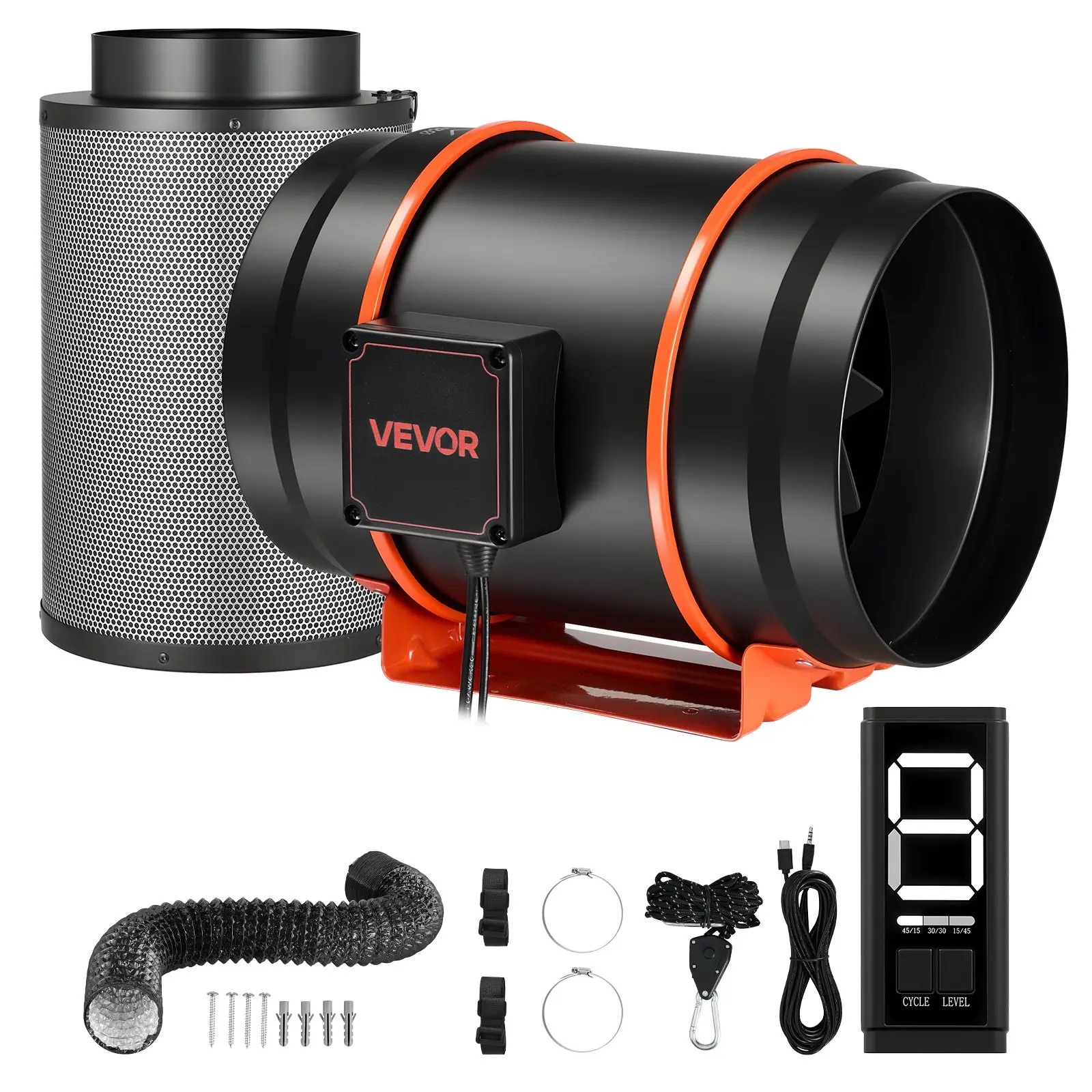 VEVOR 8-Inch Inline Duct Fan Kit with Carbon Filter, 807 CFM EC Motor, 3-Speed Circulation, 10-Speed PWM Controller, Timer, Lightweight 21.38 lbs, 3200 RPM, 660 Pa, 3-Way Cooling for Grow Tents, Indoor Gardening, 2 Clamps