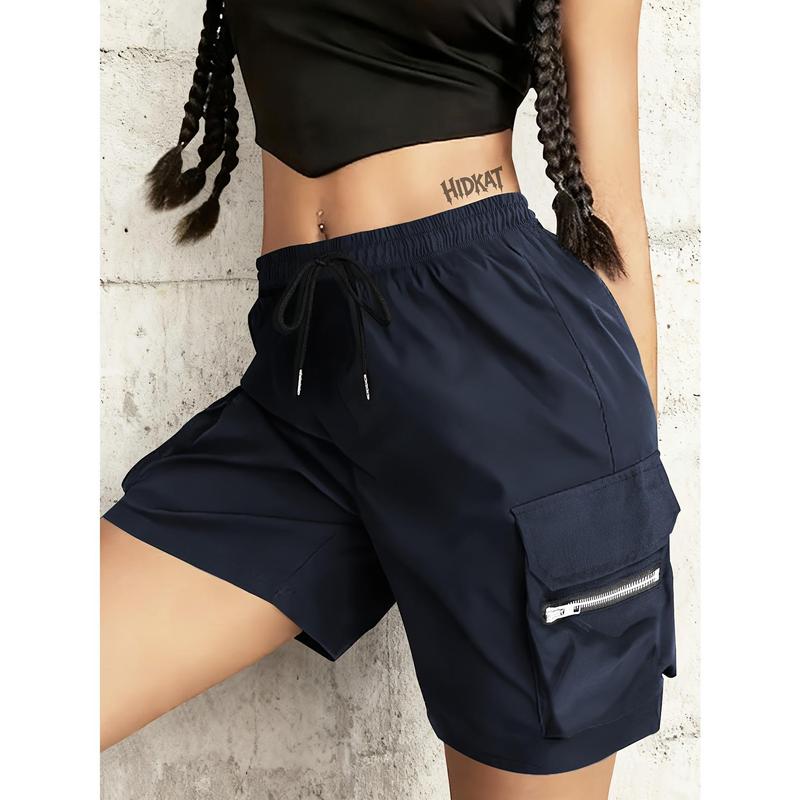 Women's Quick Dry Breathable Synthetic Solid Color Active Cargo Sports Shorts - Female Fitted Casual Basic, Adjustable Waist, Large Zipper Pockets, Modern and Comfortable Design, Machine Washable for Outdoor Activities, Daily Use
