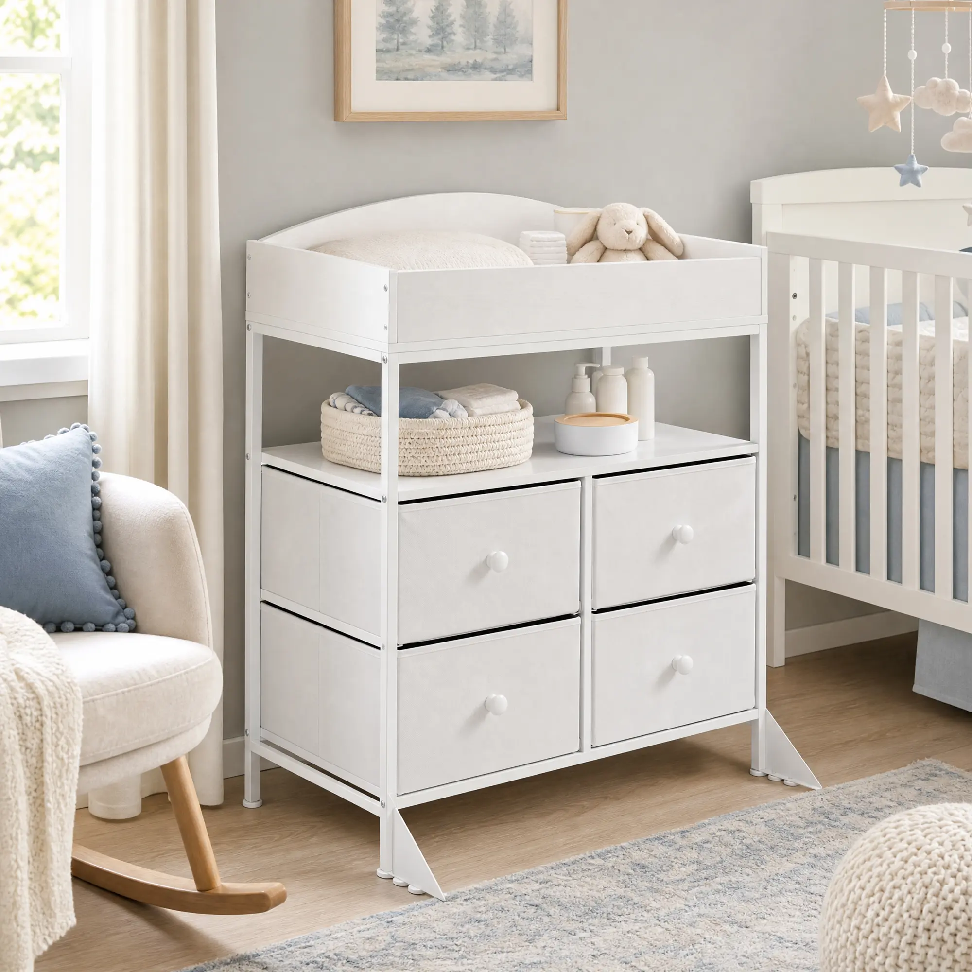 Baby Dresser with Removable Changing Table Top & Fabric Storage Bins – Modern Space-Saving Nursery Changing Station for Diapers, Clothes & Toys