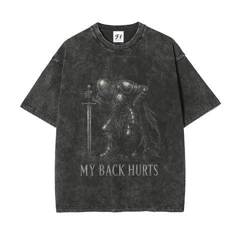 My Back Hurts Men's Short-Sleeve Washed Look Graphic Tee - Unisex Oversized Vintage Medieval Knight Meme T-Shirt for Back Pain Relief, Casual Menswear Top