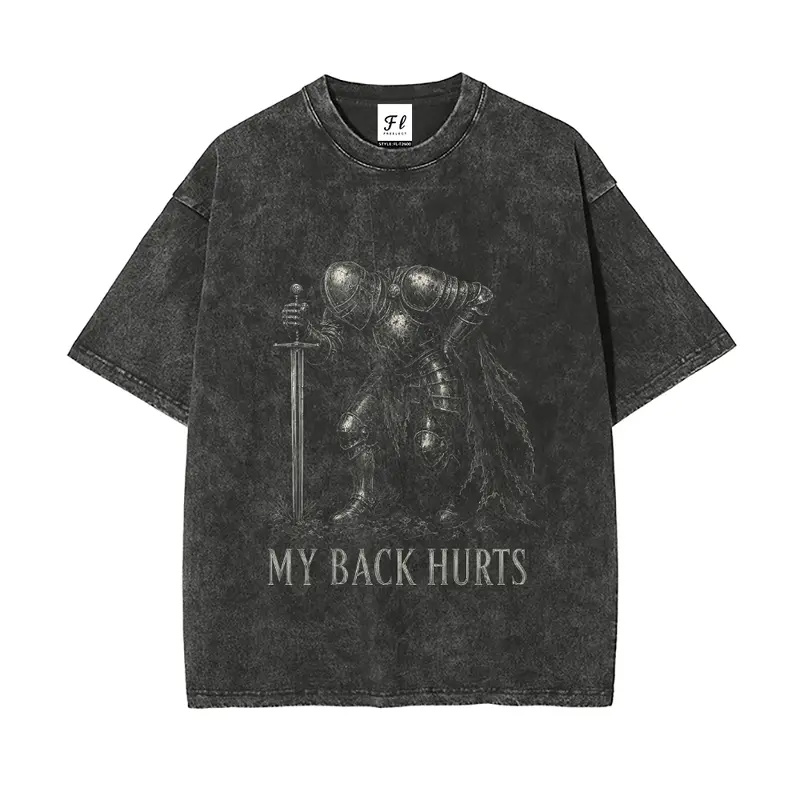 My Back Hurts Men's Short-Sleeve Washed Look Graphic Tee - Unisex Oversized Vintage Medieval Knight Meme T-Shirt for Back Pain Relief, Casual Menswear Top
