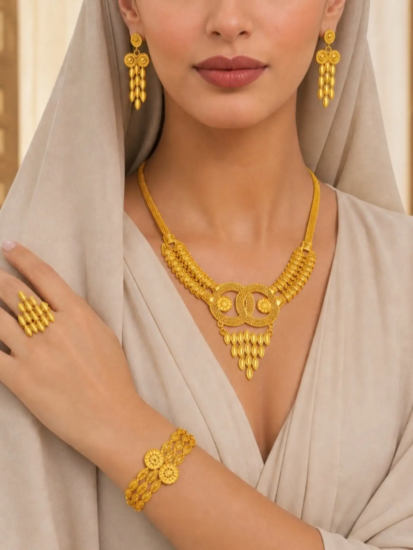 4 pieces each set of Dubai Saudi elegant jewelry set gold-plated luxury necklace, ring, earring bracelet adjustable jewelry suitable for party banquet bride wedding sets accessories.