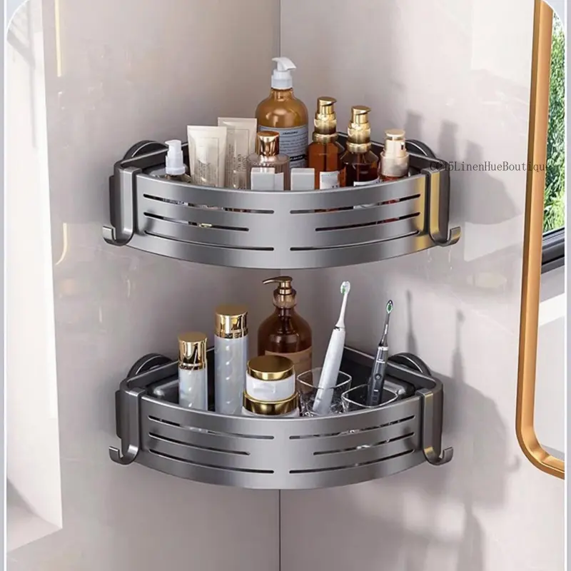LinenHueBoutique Corner Suction Cup Shower Caddy Pack - No-Drilling Removable Waterproof Bathroom Storage Rack with Hooks and Shelves