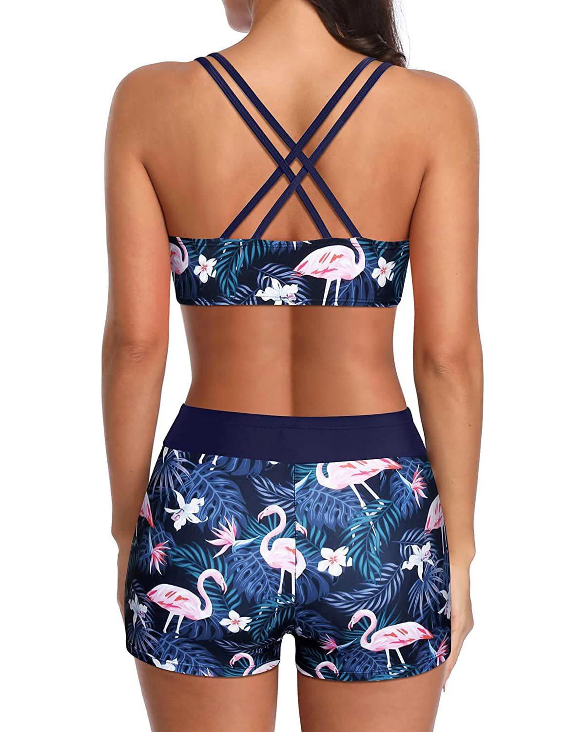 Women's Mint Green 3-Piece Tankini Swim Set - Racerback Tank Top with Floral Boyshorts & Sports Bra for Modest Beach Wear