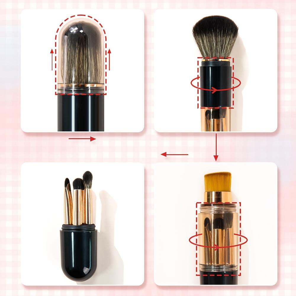 6-in-1 Extendable Makeup Brush Set with Retractable Blush & Foundation Brush & 2 Double-Ended Eyeshadow Brushes - Portable Travel-Friendly Compact Suitable for Skin Types, Concealed Angled Foundation Tip, Detachable Nylon Bristles for -the-