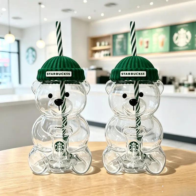 591ml Bear Shape Glass Tumbler with Lid & Straw | Reusable Starbucks Style Water Bottle | Leakproof Iced Coffee Cup for Office, Travel, Camping & Gift