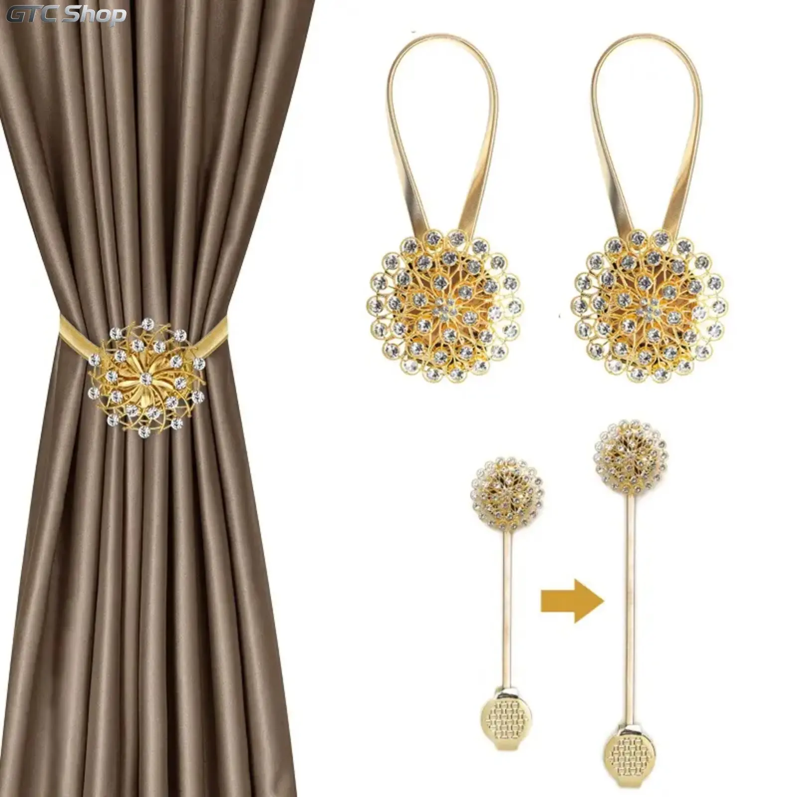 2‑Pack Magnetic Curtain Tiebacks, Crystal Flower Curtain Buckles with High‑Stretchy Wire Rope, Elegant Decor Hardware for Home & Office Window Treatment, Yellow & White