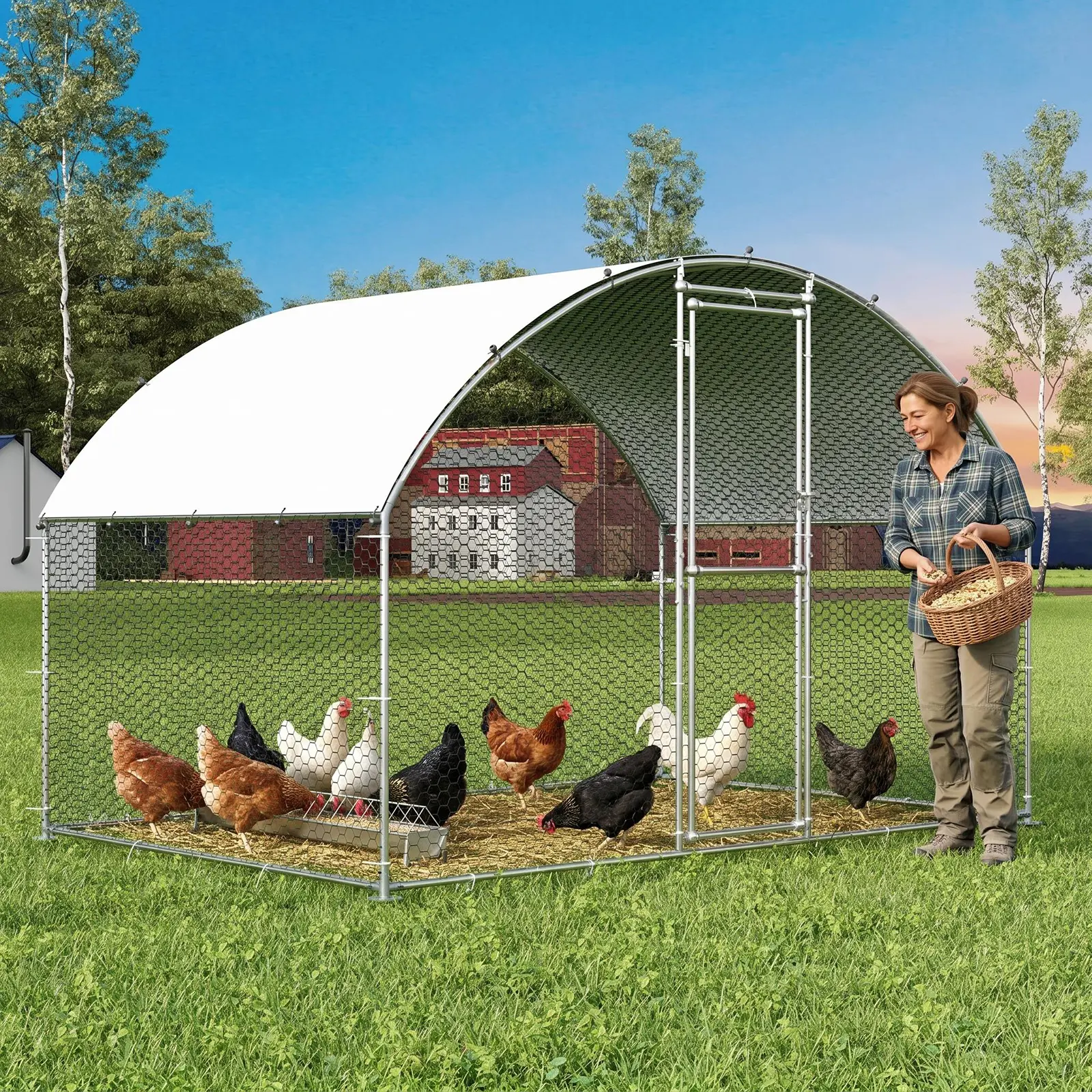 Walk-In Poultry Cage for 6-10 Chickens – Outdoor Large Metal Chicken Coop, Waterproof Anti-UV Cover, Secure Lock, Sturdy Frame for Backyard & Farm
