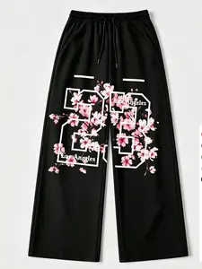 Cherry Blossom Digital Print Wide Leg Sweatpants, High Elasticity Slim Fit, Men's Streetwear Daily Wear, Drawstring Waist Cotton Straight Pants