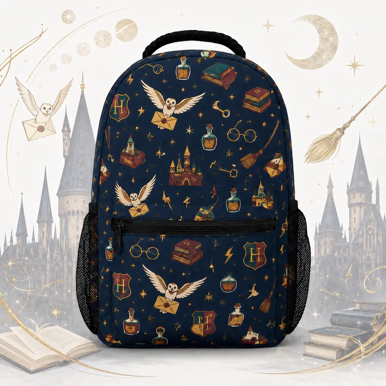 Harry Potter Navy Blue School Backpack, Magical All-Over Print Bookbag with Front Zipper Pocket, Dual Mesh Bottle Pockets and Adjustable Straps for Kids Teens, Back to School Gift shopping