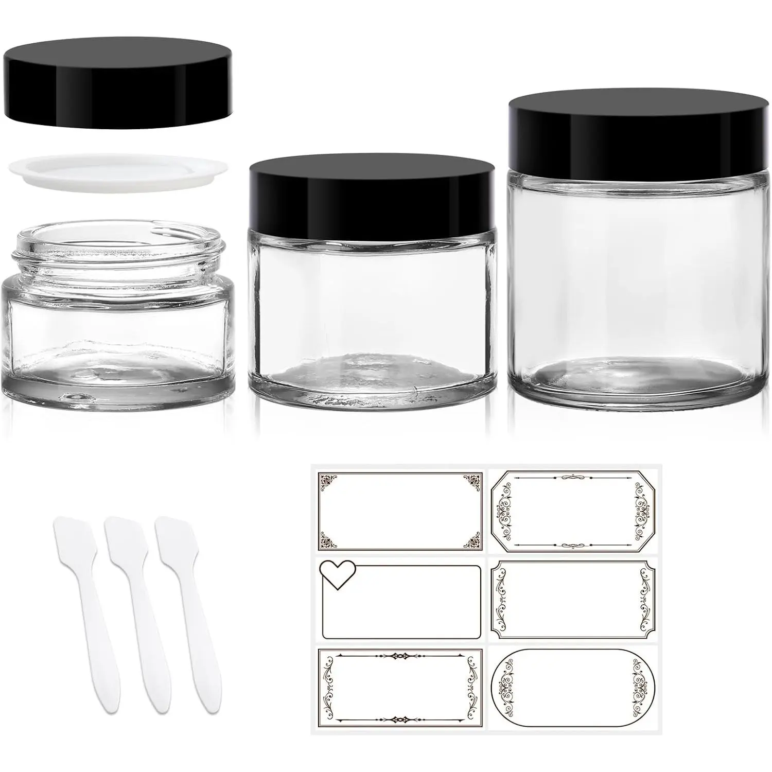 3 Pack Clear Glass Jars with , 4 oz, 2oz and 1 oz,  Sample Jars | Small  Containers with Inner Liners, Leak-Proof Travel Jars for , Scrubs, and Candle Making, Labels & Spatulas