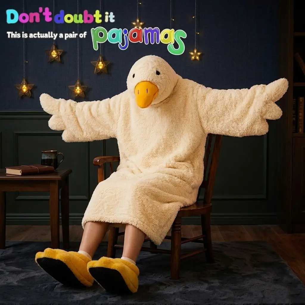 Warm Fleece Duck Onesie Pajama Set, Nightwear, Cute Cosplay Costume with Robe & Duck Foot Shoes, Perfect for Parties and Fun