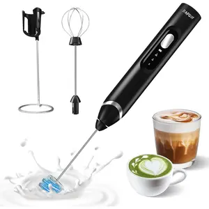 Handheld Electric Milk Frother: Rechargeable Frother Wand with Stand, 3 Speeds & Detachable Double Whisk Drink Mixer, Froth Stirrer for Latte, Cappuccino, Cream, Matcha, Dalgona Coffee - Black