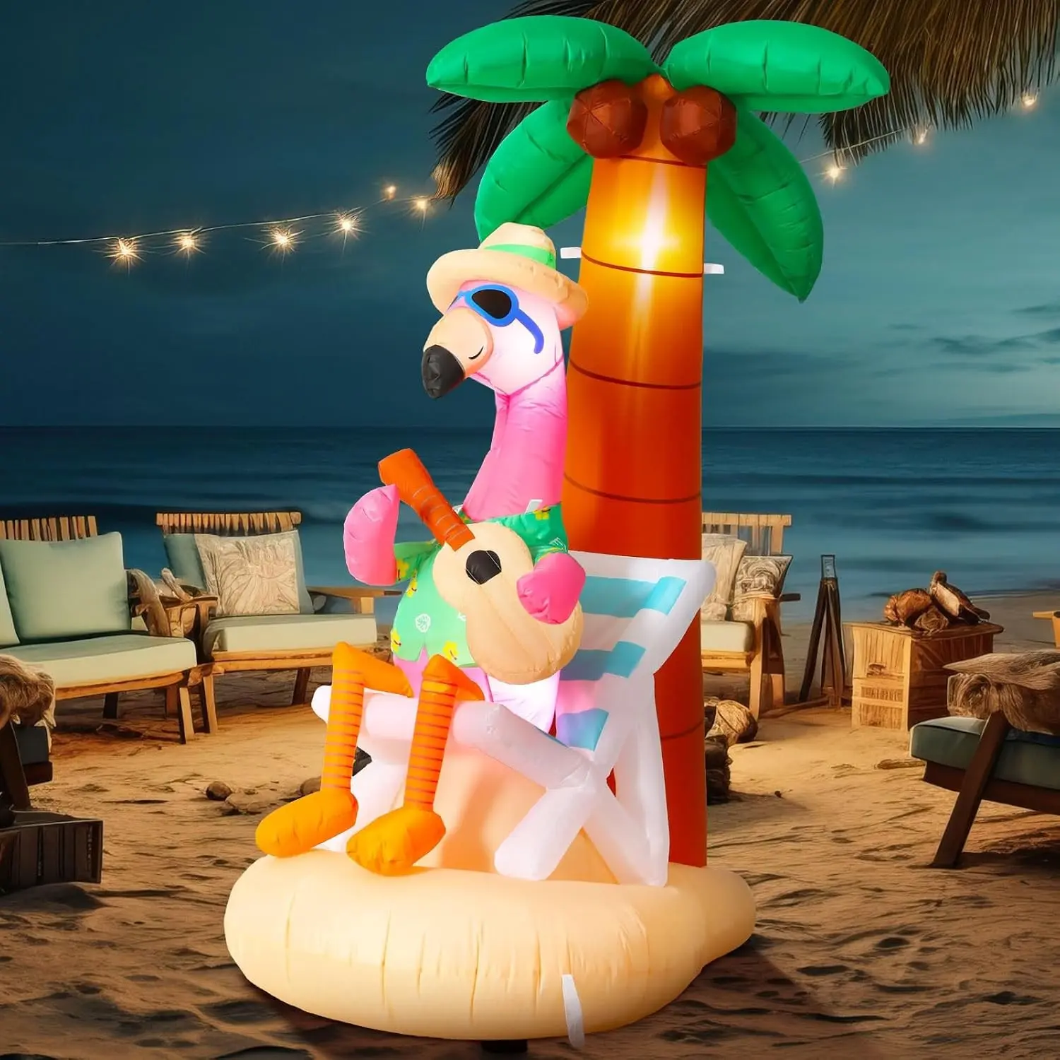 6 ft Polyester Inflatable Flamingo with Coconut Trees, Large Size LED Lighted Pre-Lit Setup, Blow-Up Tropical Beach Luau Party Decor for Outdoor Home Garden Pool