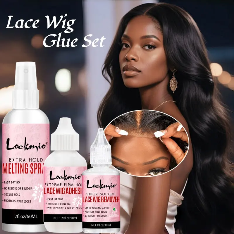 3pcs Wig Glue Set, Wig Maintenance Kit, Lace Wig Adhesive Spray Remover, Suitable for wigs and hair extensions, bonding, fixing, firming edges, strong styling, Includes lace melting hairspray glue remover to clean residual glue