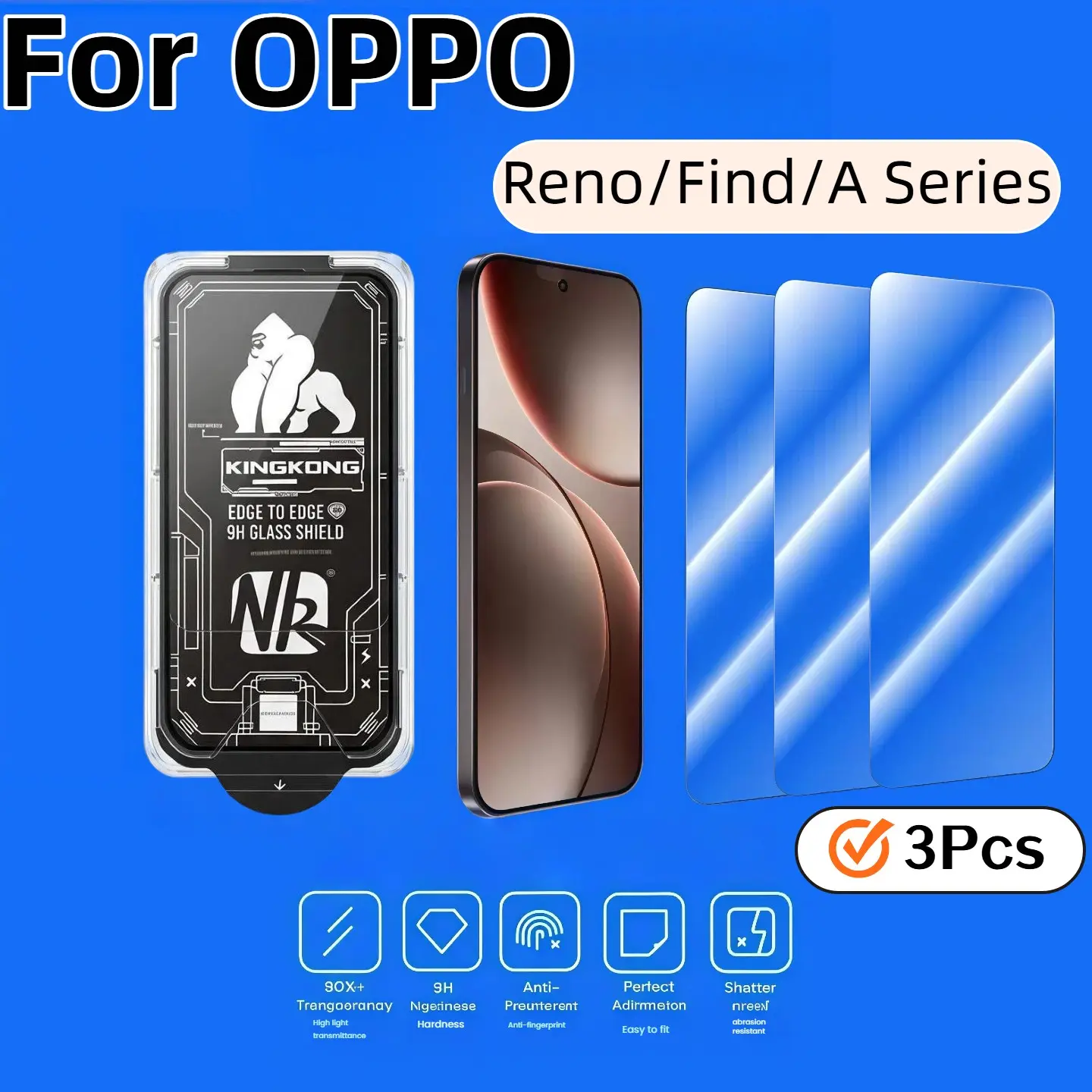 3-Pack Nk Gorilla Phone Screen Protector, HD Tempered Glass for Oppo Models, Bubble-Free, 9h Hardness, Scratch-Resistant, Ultrasonic Fingerprint Unlock