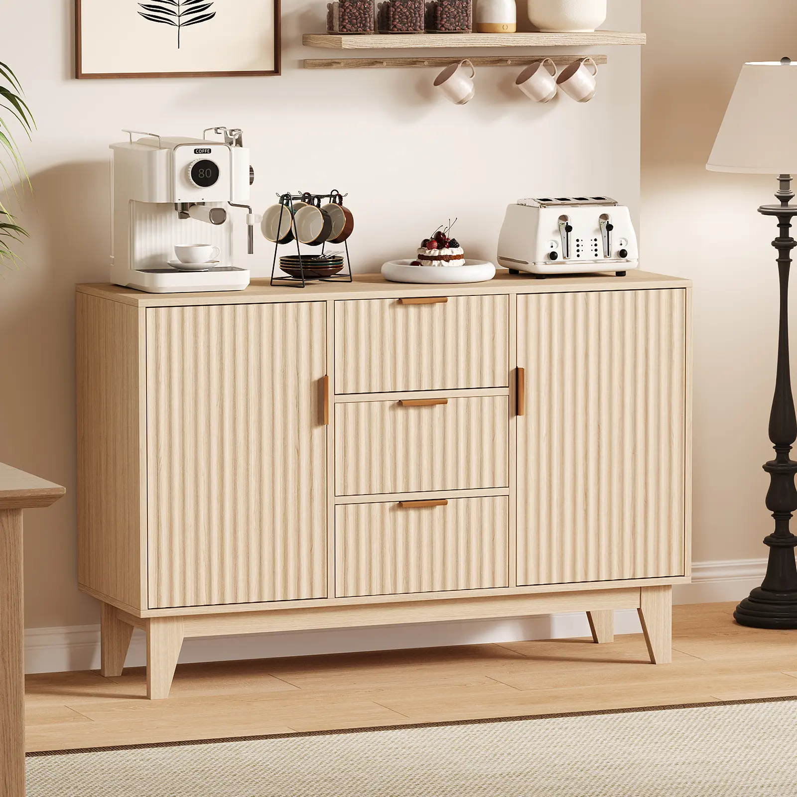 Modern Fluted Sideboard Buffet Cabinet – 47 Inch Storage Cupboard with 3 Drawers, Adjustable Shelves, and Doors for Dining Room, Kitchen, or Entryway
