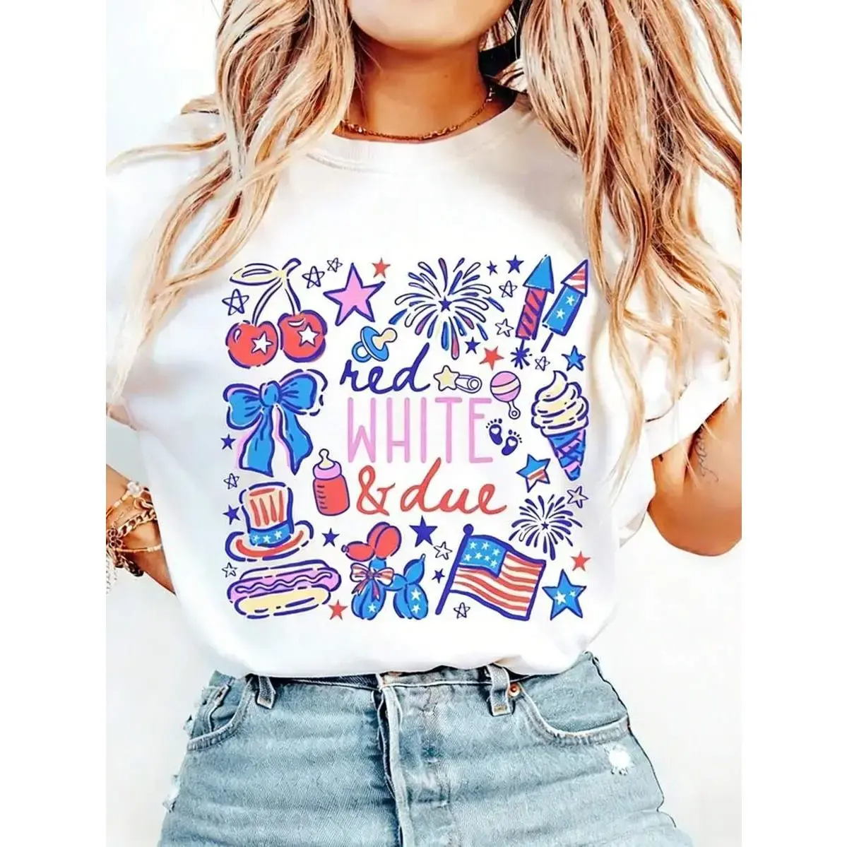 Loose Fit Graphic T-Shirt, Red White & Due Patriotic Doodle Firework Flag Printed Craft Tee, Soft Breathable Casual Short Sleeve Top, Trendy Pregnancy Baby Shower Aesthetic Daily Wear For Men Women, Independence Day Cartoon Graphic Shirt For summervibes,