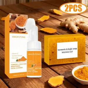 2PCS Facial Cleanser Set Turmeric Facial Wash Turmeric Soap Turmeric Mousse Facial Cleanser Lemon Soap Handmade Cold-Processed Bath & Facial Cleanser Daily Care Facial Cleanser Set