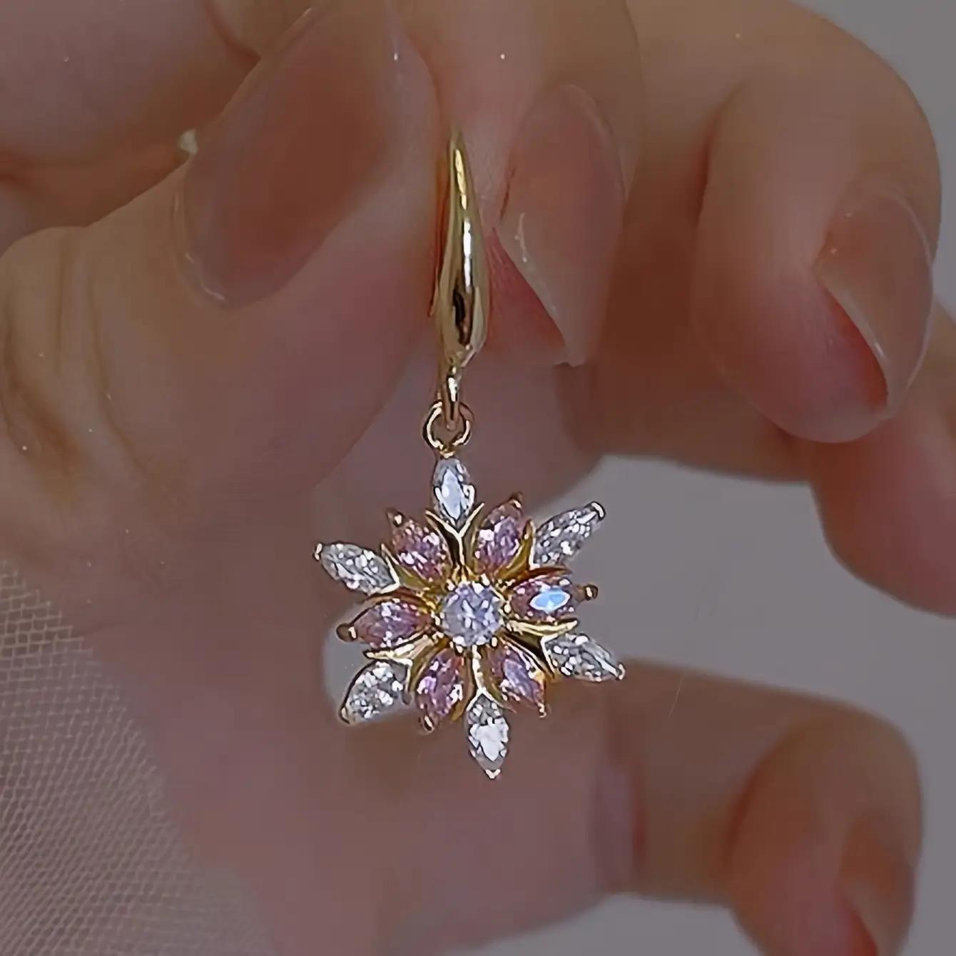 Elegant Snowflake Dangle Earrings With Pink Rhinestones Zinc Alloy Copper Sparkling Jewelry For Women Daily Vacation Wear