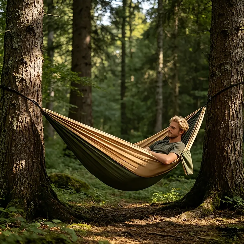 Solid color parachute fabric hammock, quick-drying material, comes with hammock accessories, oversized hammock, portable packaging, suitable for backpacking, travel, beach, backyard, patio, hiking