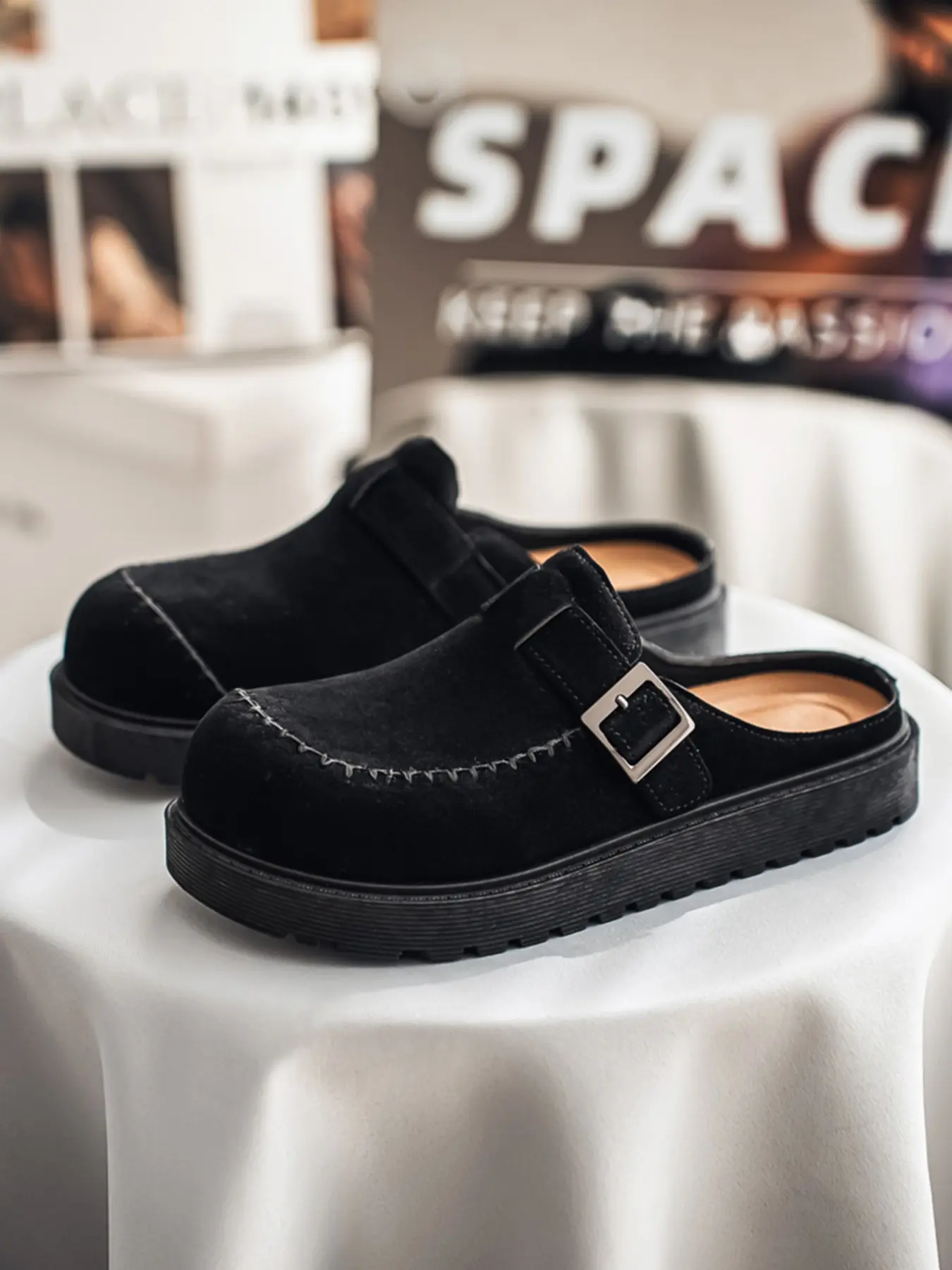 Men's Hand-Stitched Metal Buckle Thick Sole Elevating Slippers, Classic Retro Maillard Color Fashion Half Sandals
