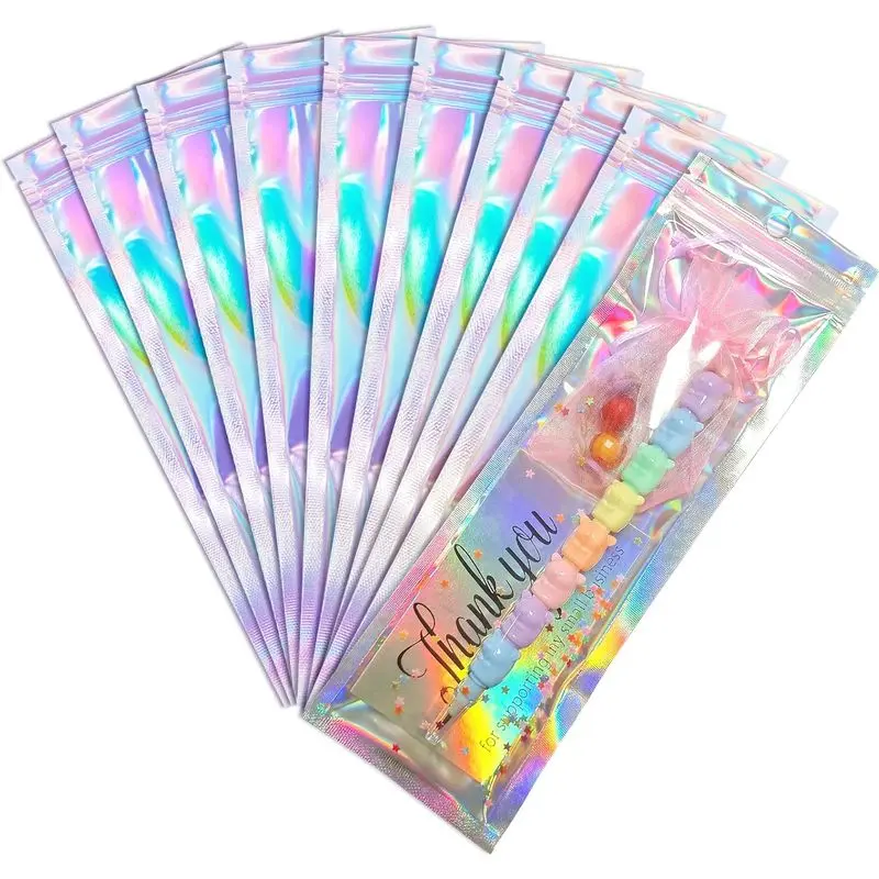 100-Pack Holographic Resealable Foil Zip Bags - 2.7x8.6 In, Reusable, Transparent Front, for Small Items, Pens, Small Business Packaging