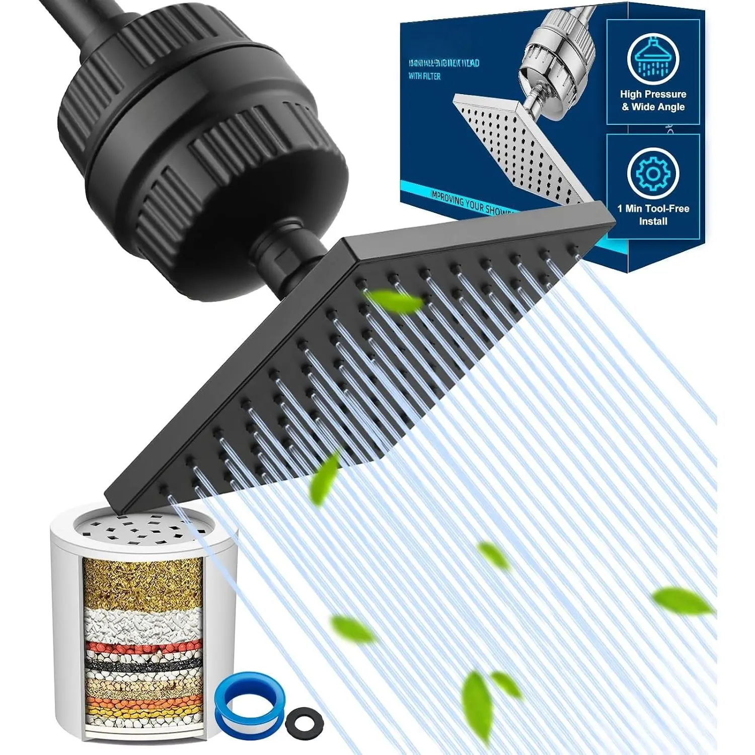 High  Filtered Shower  Combo, Rain Shower  with 20 Stage Shower  Filter for Hard Water - Adjustable  Remove Chlorine and Harmful Substances, Matte Black