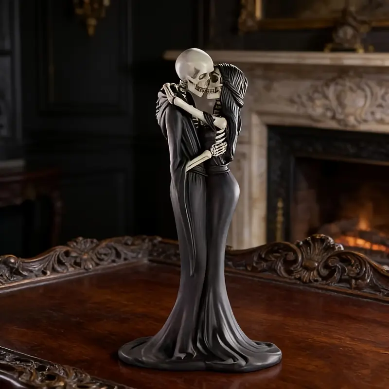 Halloween Skull Couple Statue, Romantic Skeleton Lovers Resin Figurine, Gothic Spooky Home Decor Ornament, Horror Style Desktop Sculpture, Desktop Decoration Ornament, Unique Collectible Figurines Gift for Bedroom, Living Room & Halloween Party